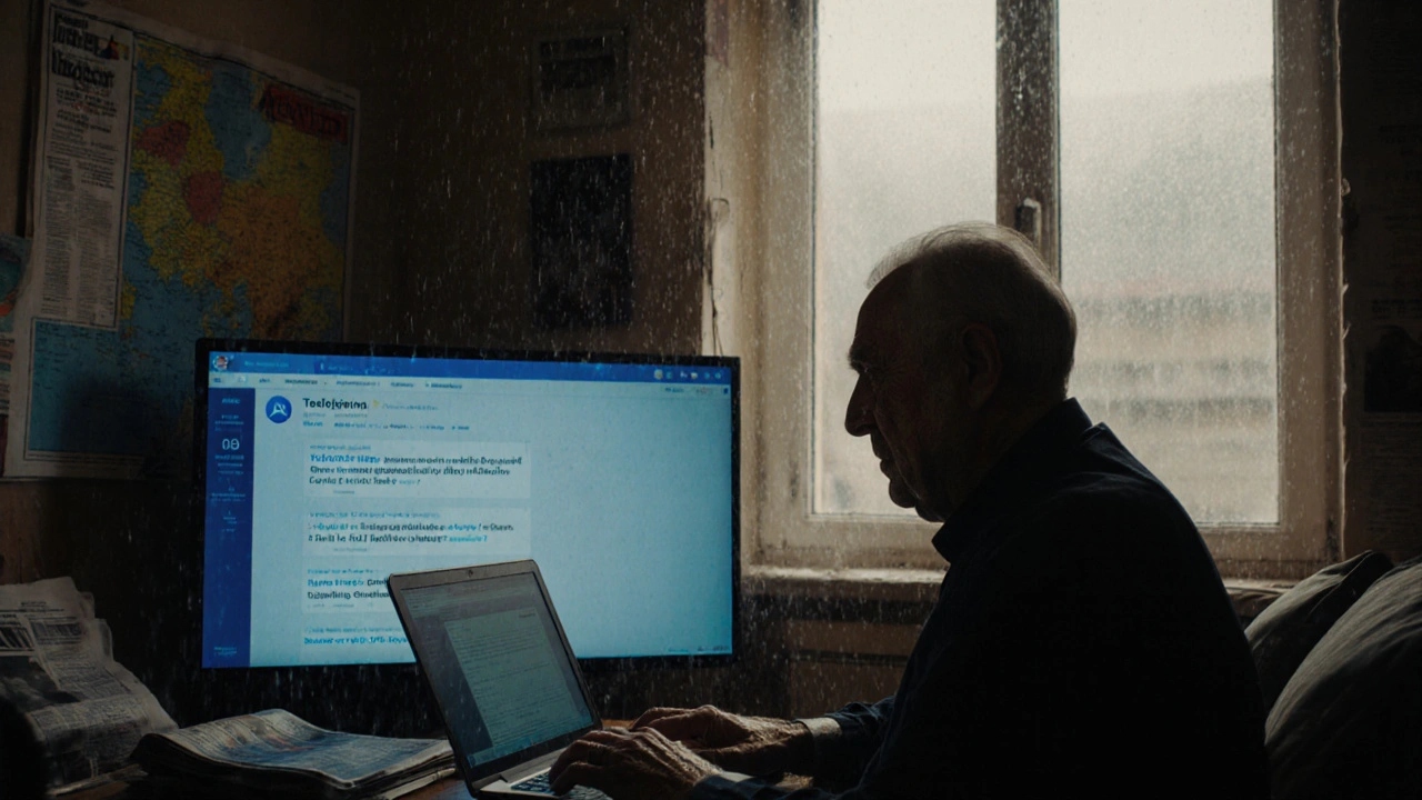 A retired journalist in Belgrade updates a Telegram channel about political corruption, lit by laptop glow.