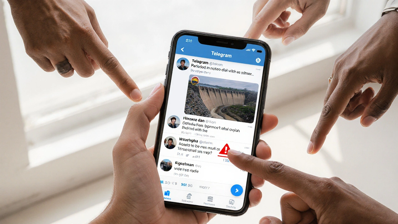 A smartphone screen showing real and fake news on Telegram, with hands reacting to conflicting information.