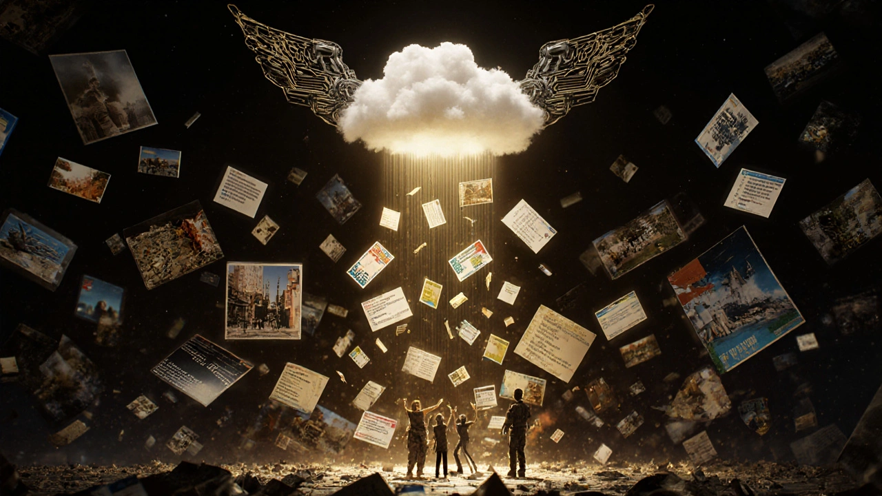 A surreal digital attic filled with floating event records glowing in space, watched over by a bot archiving memories into the cloud.