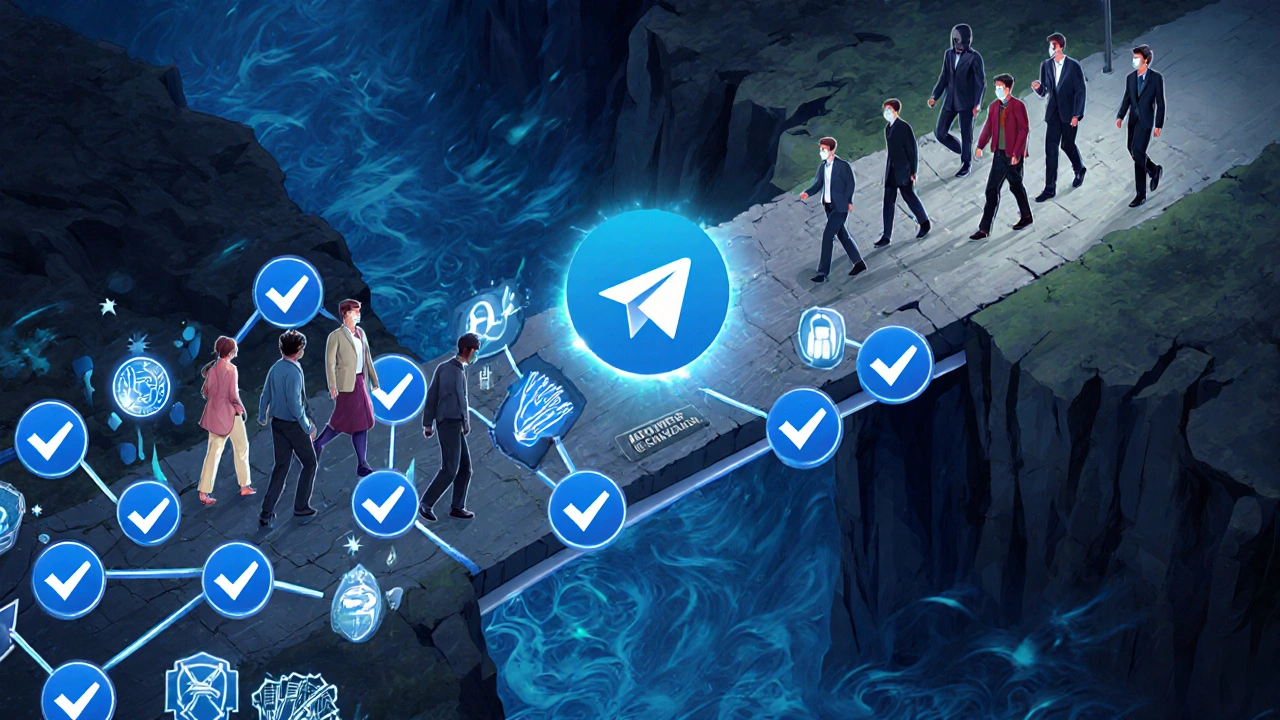 A symbolic bridge of blue verification checkmarks leading users away from misinformation toward trusted Telegram channels.