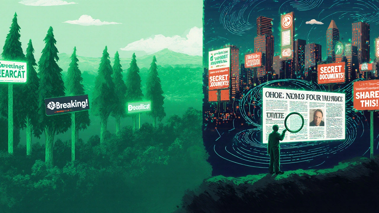 A symbolic landscape with peaceful journalism trees versus a chaotic city of clickbait billboards powered by cryptocurrency.