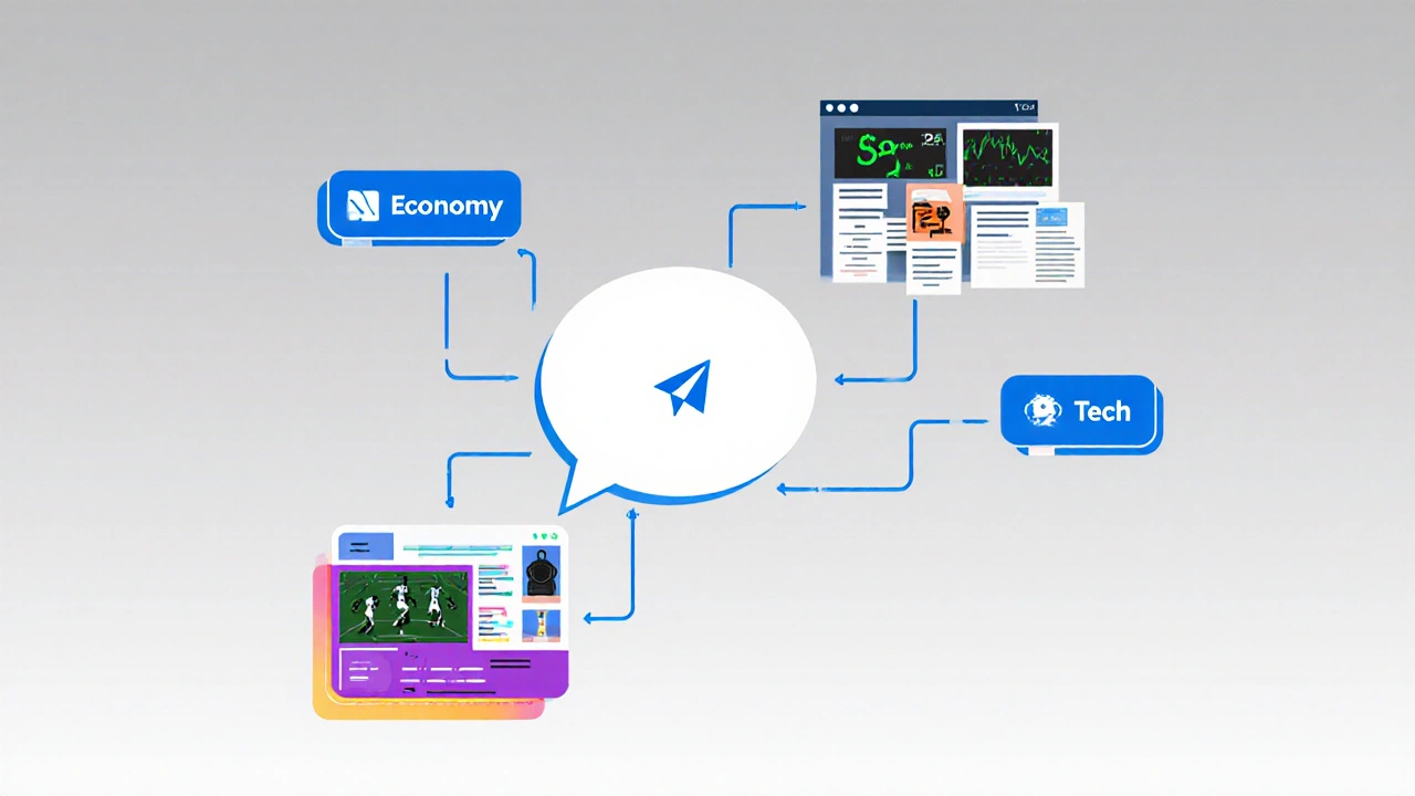 Abstract flow of news topics branching from Telegram buttons into personalized content streams