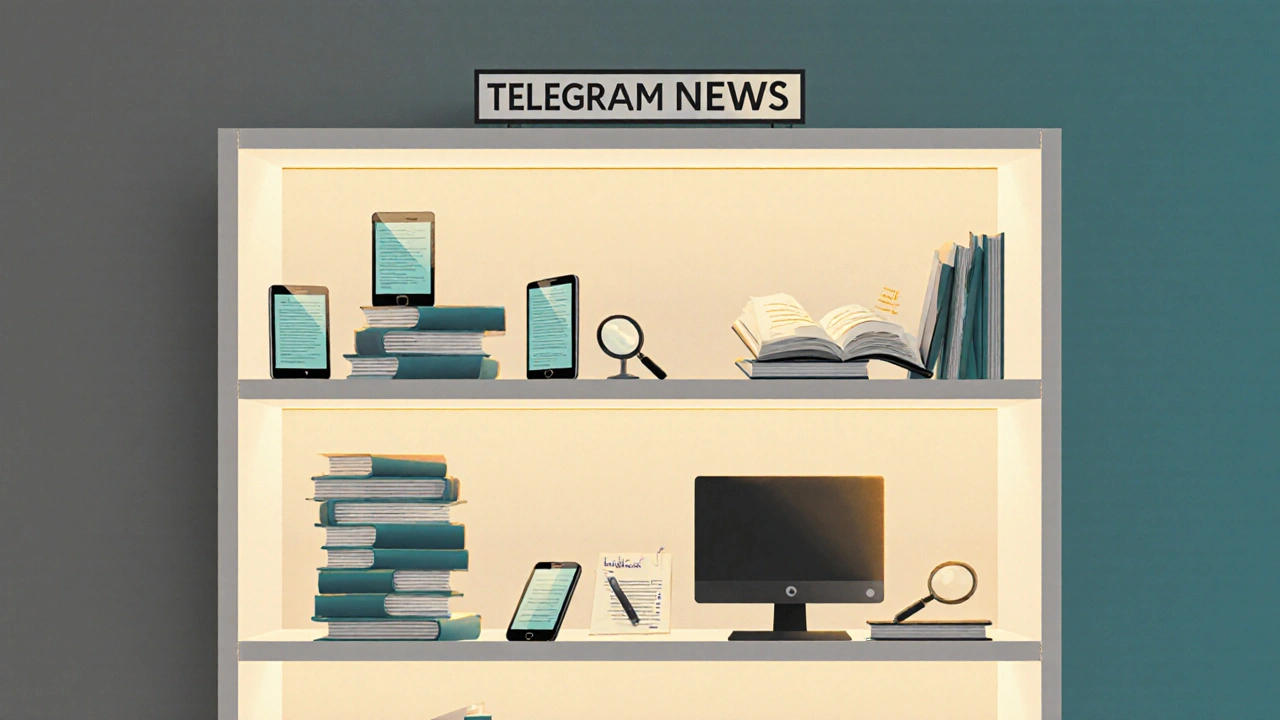 Abstract library shelf with mobile devices as flashcards and desktops as research stations, symbolizing news consumption styles.