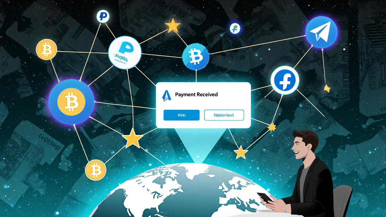 Abstract network of global payment nodes converging into Telegram logo, with journalist receiving payment notification.