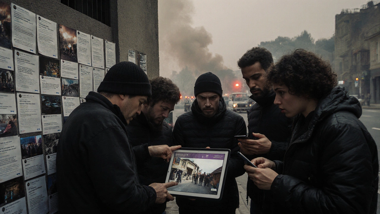 Activists and journalists watching live Telegram broadcasts on a tablet during a protest, surrounded by printed screenshots of real-time event documentation.