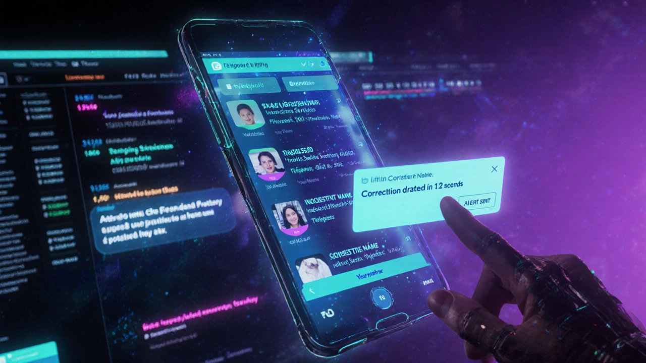 AI moderation bot flagging statistical errors in a news post with editor approving correction.