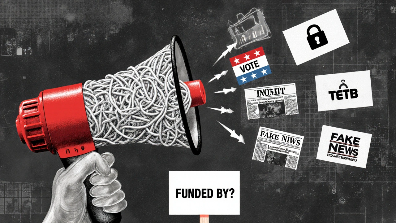 An encrypted megaphone blasting political content, with a faint &#039;Funded by?&#039; sign—no source visible.