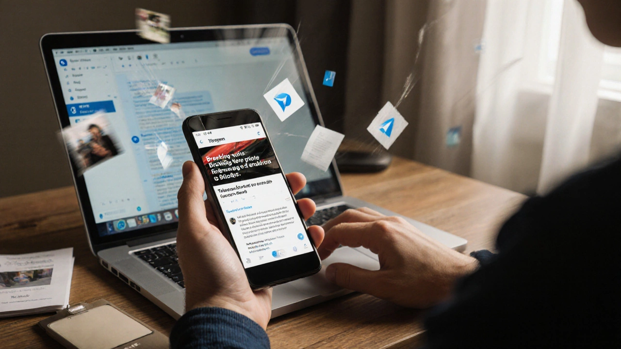 Android phone with breaking news notification beside a laptop where a user is copying text from a Telegram channel.