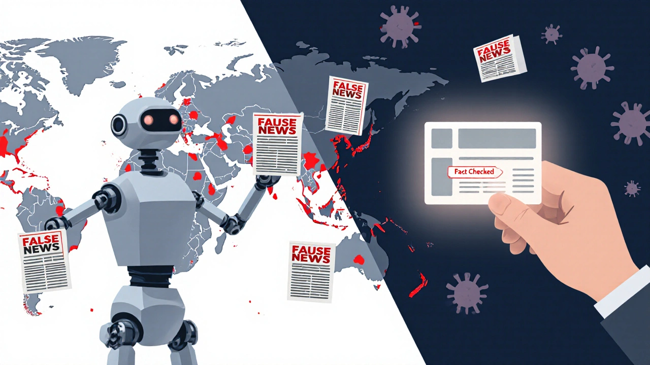 Bot spreading false news on one side, human placing fact-check badge on post on the other.