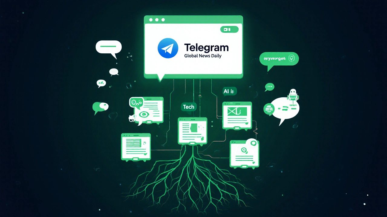 Central Telegram news channel with three specialized subgroups branching out, sending summary updates upward.