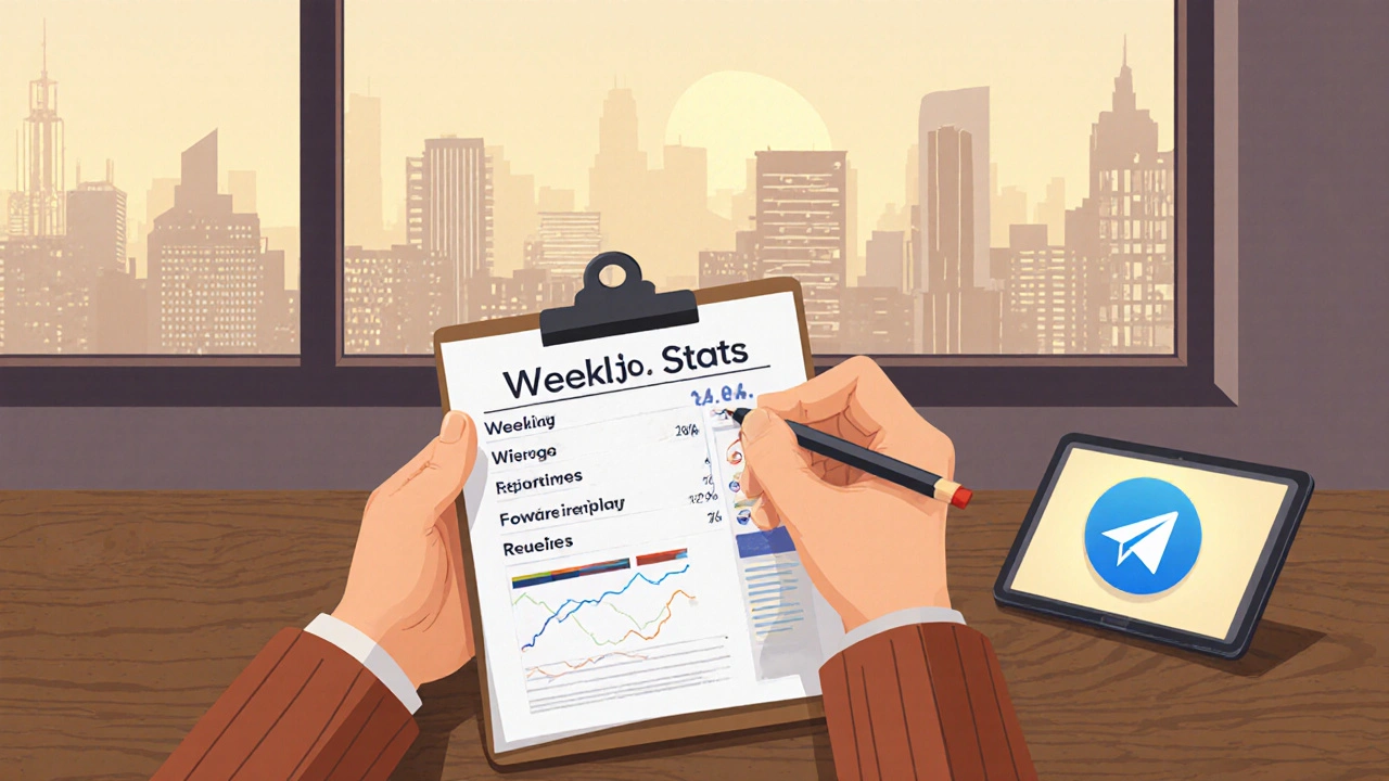 Channel owner reviewing printed stats on clipboard at desk, with Telegram bot icon glowing nearby and city dawn outside window.