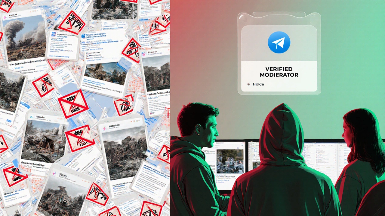 Chaotic spam messages on one side, calm volunteers verifying news with trusted sources on the other, digital collage style.