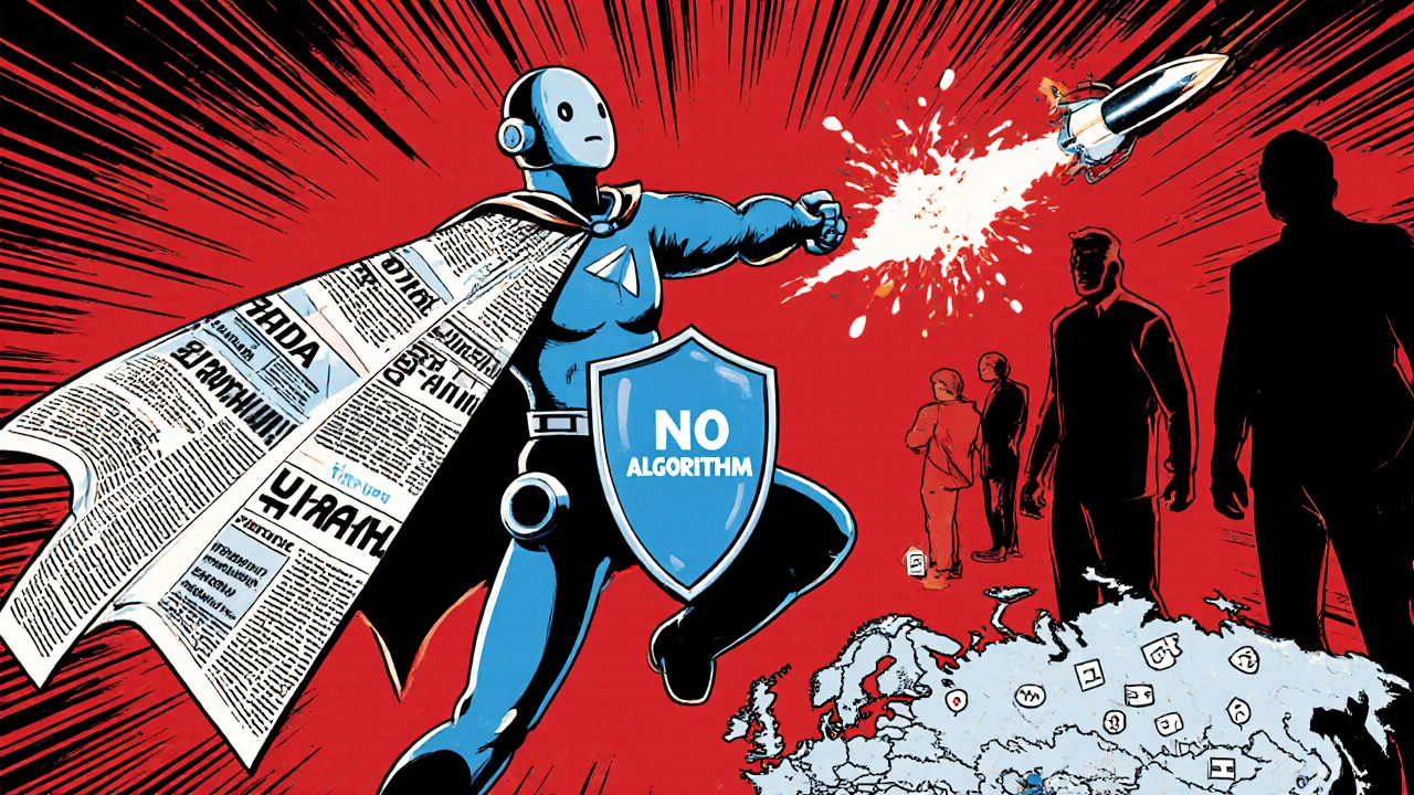 Comic book-style Telegram bot launching news rockets to global subscribers while algorithmic barriers fade away.