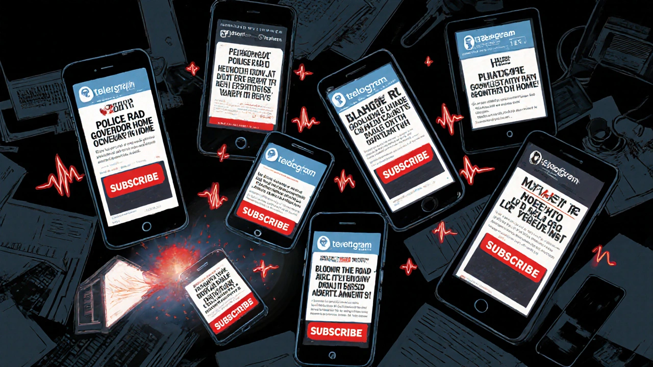 Comic-style collage of devices showing explosive news headlines and glowing subscribe buttons, dramatic lighting.