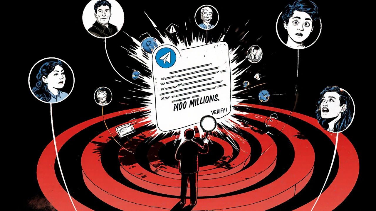 Comic-style explosion of a Telegram message spreading across countries, with alarmed faces and warning symbols.