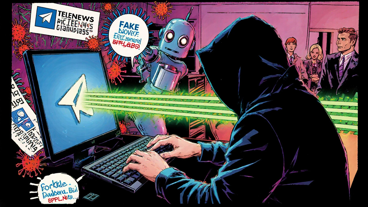 Comic-style hacker sending stolen credentials to a Telegram bot while fake news channels multiply like viruses.