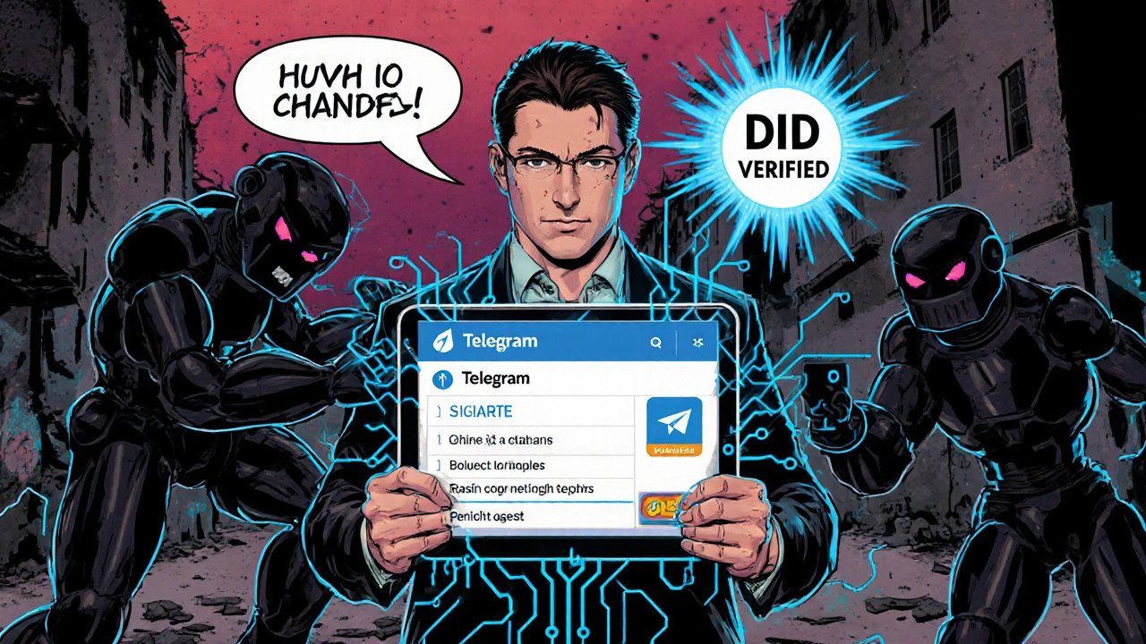 Comic-style journalist holding a tablet linked to a blockchain, fending off bot clones with a glowing DID verification emblem.