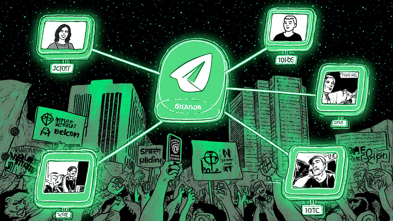 Comic-style network of citizen reporters and NGOs connected by encrypted Telegram channels with metadata tags.