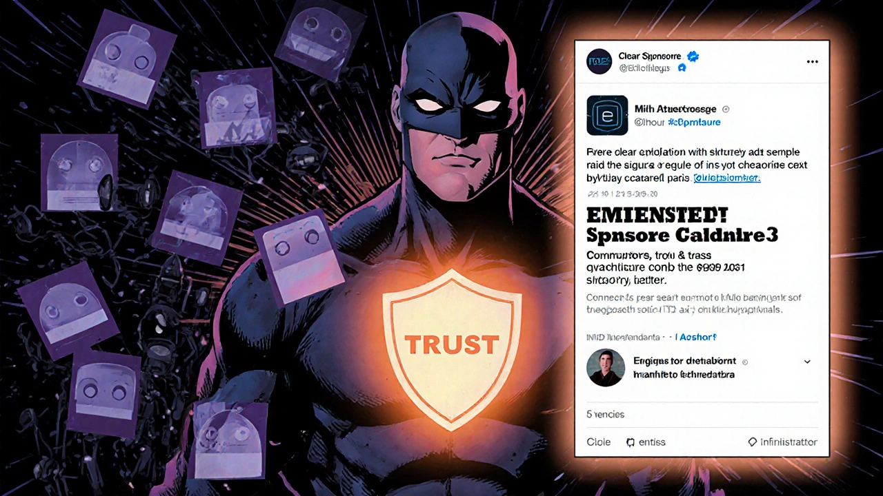 Comic-style scene of ethical advertising standing against bot-driven scam ads in a Telegram news feed.