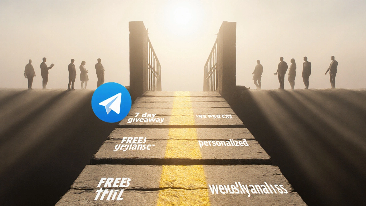 Conceptual bridge of subscriptions leading from free giveaway to a community of paying subscribers in dawn light.