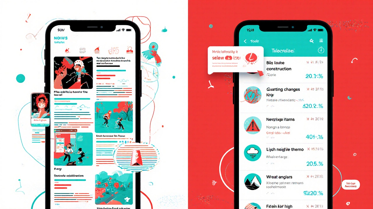 Contrast between chaotic mainstream news feed and calm, tailored AI news summary on phone.