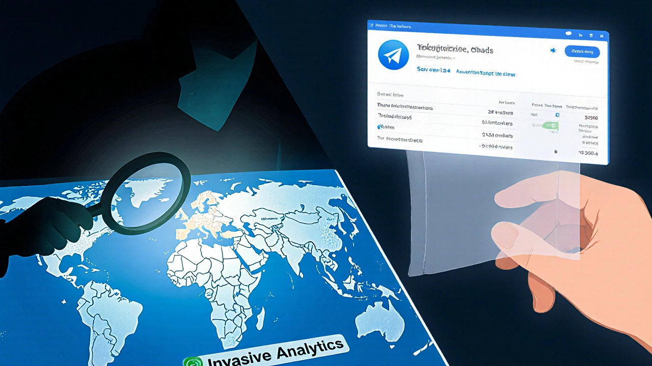 Contrasting imagery of invasive data tracking versus privacy-respecting Telegram analytics with a shield symbol.