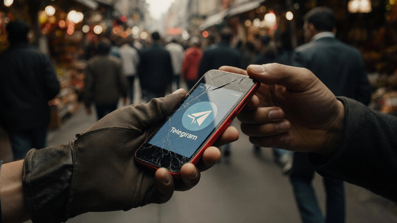 Covert exchange of a burner phone in a busy market, hands partially hidden, conveying clandestine communication.