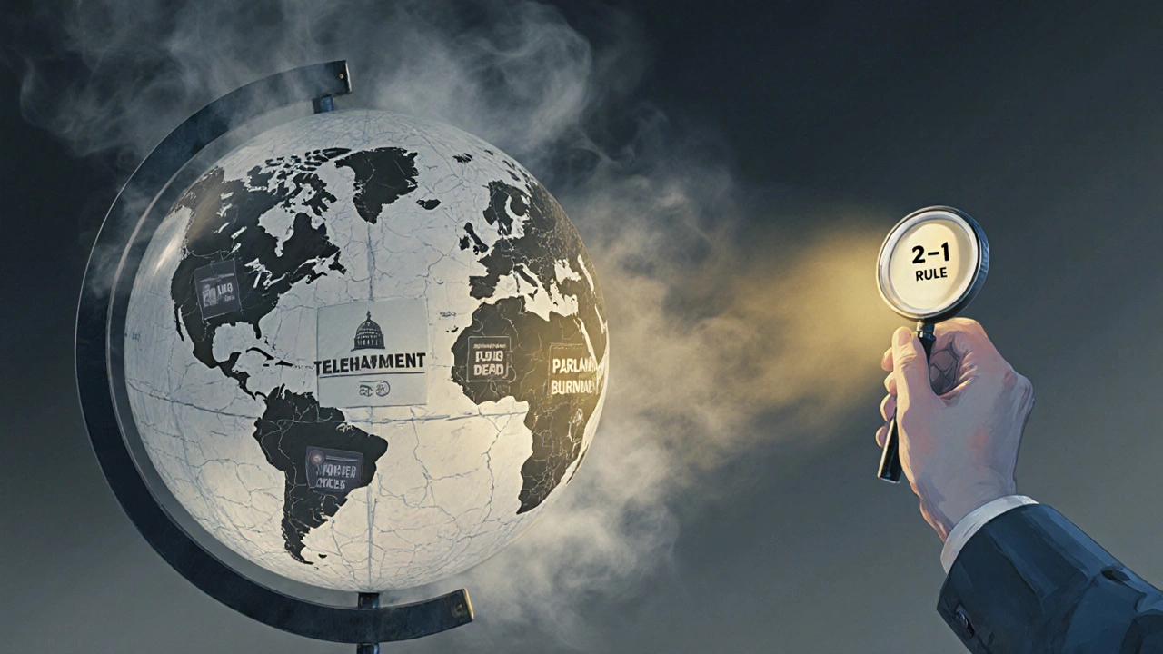 Cracked Telegram globe with false news smoke, a hand holding truth tools illuminating a clear path.