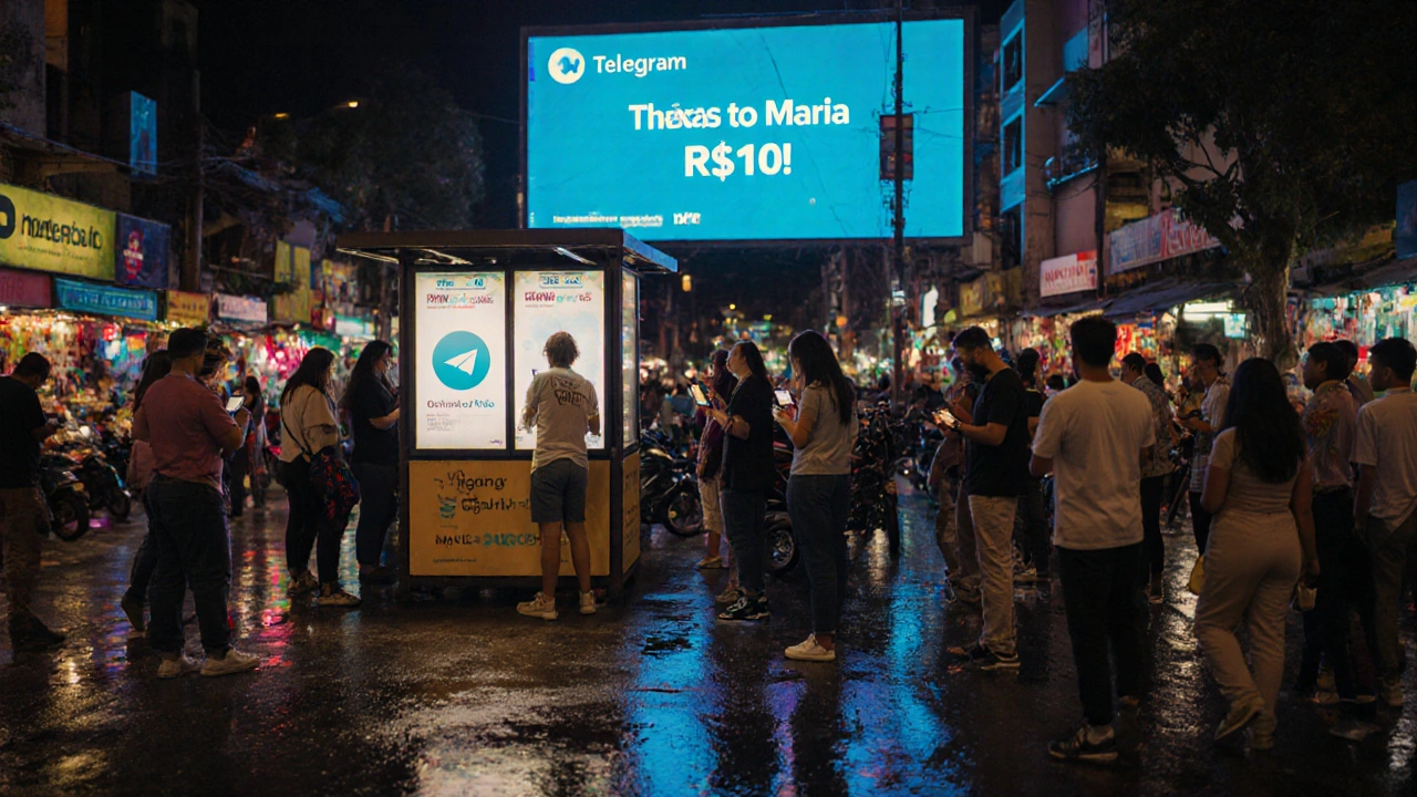 Crowd in Brazil using PIX payments on phones to support a local Telegram news channel at night.