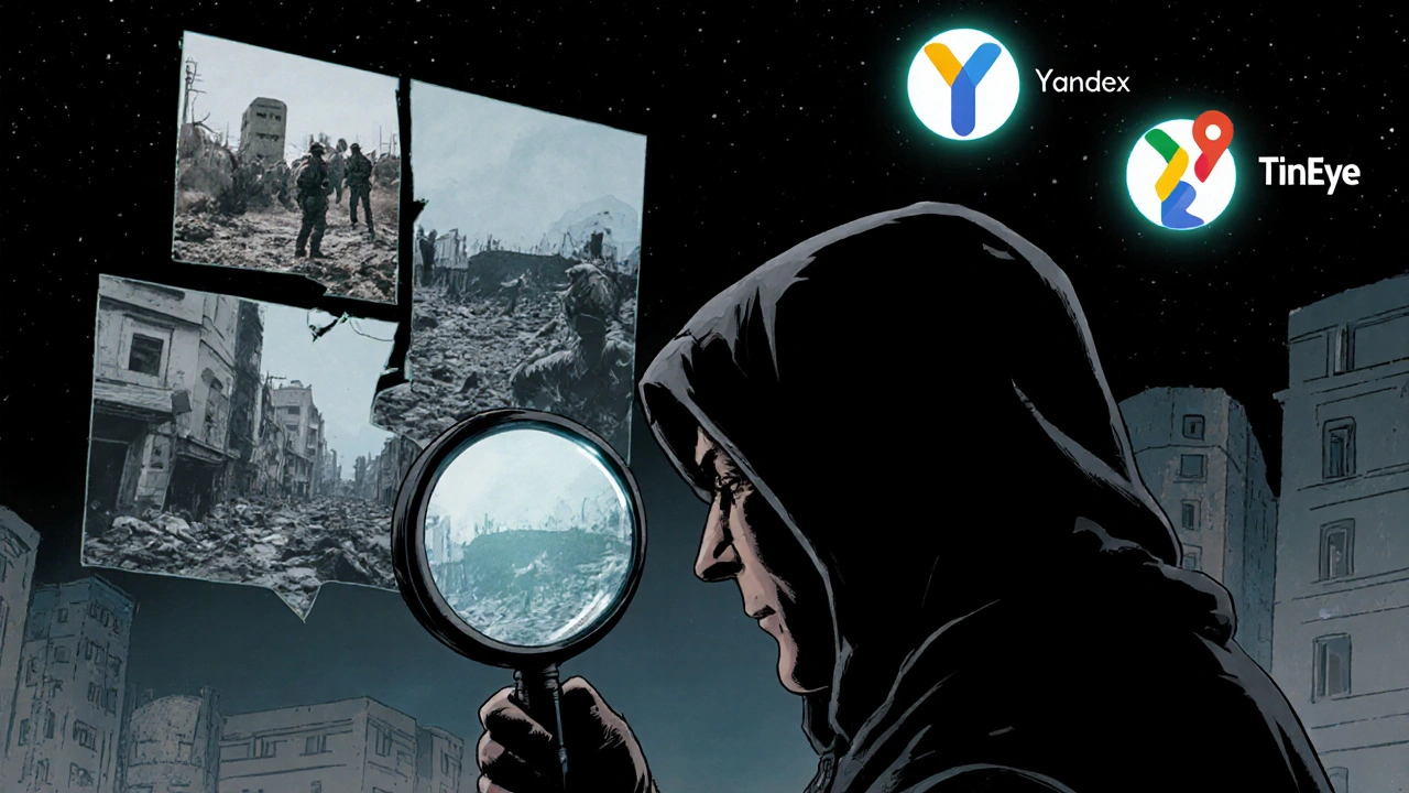 Detective using magnifying glass over fragmented war image with search engine logos in background.