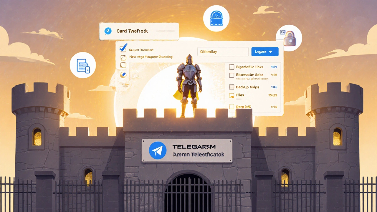 Digital castle guarded by admin with security checklist glowing in sunrise.