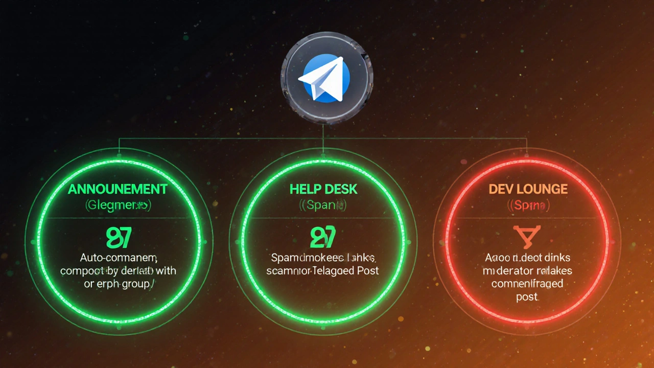 Digital dashboard with three connected community groups, glowing health indicators, and a bot auto-moderating spam.