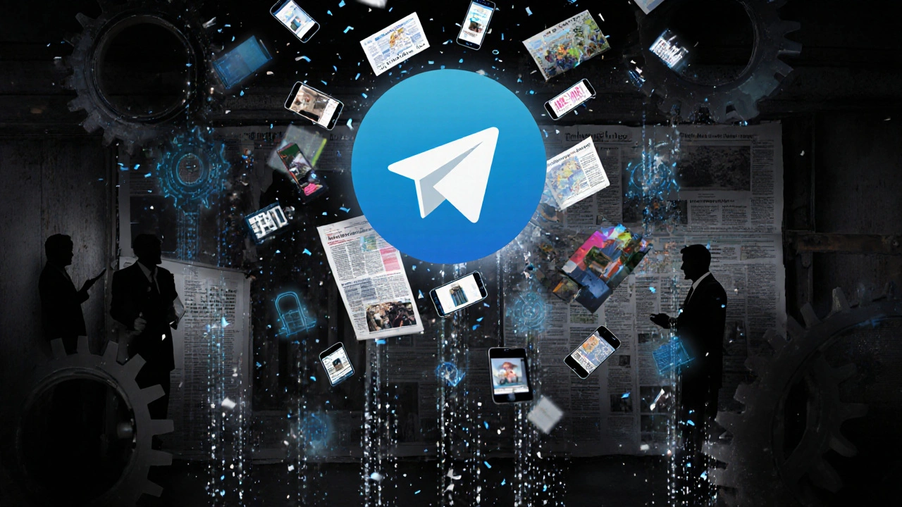 Digital gears and data streams flowing into a Telegram logo, symbolizing the rise of citizen journalism.