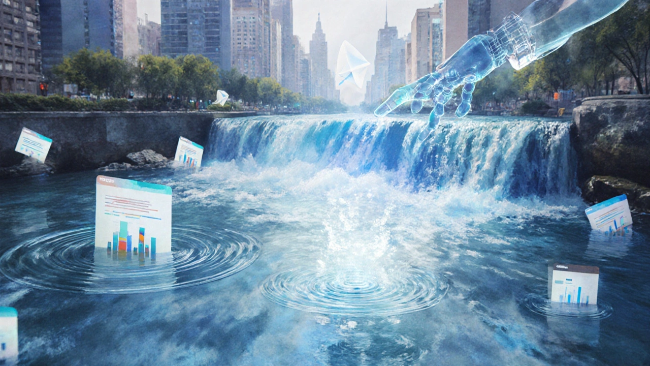 Digital river with timed ripples reaching distant shores, guided by an AI hand.