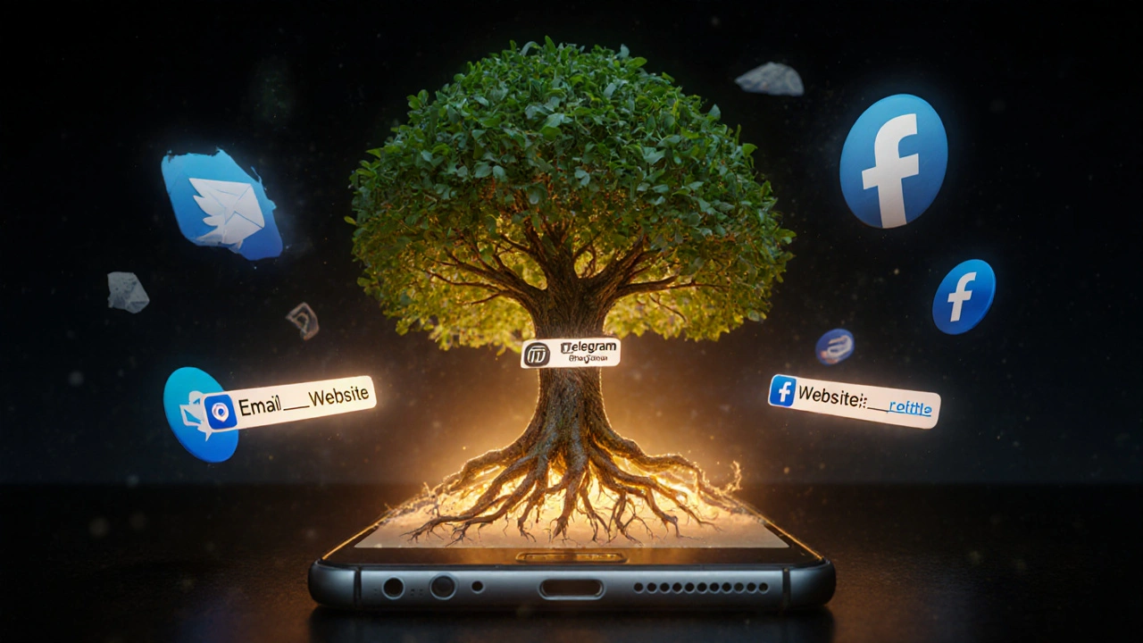 Digital tree with roots labeled by traffic sources, healthy roots feeding growth while others wither.