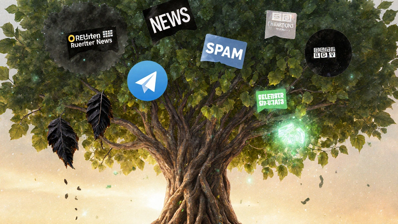 Digital tree with verified news roots and spam leaves being filtered by AI in artistic style.