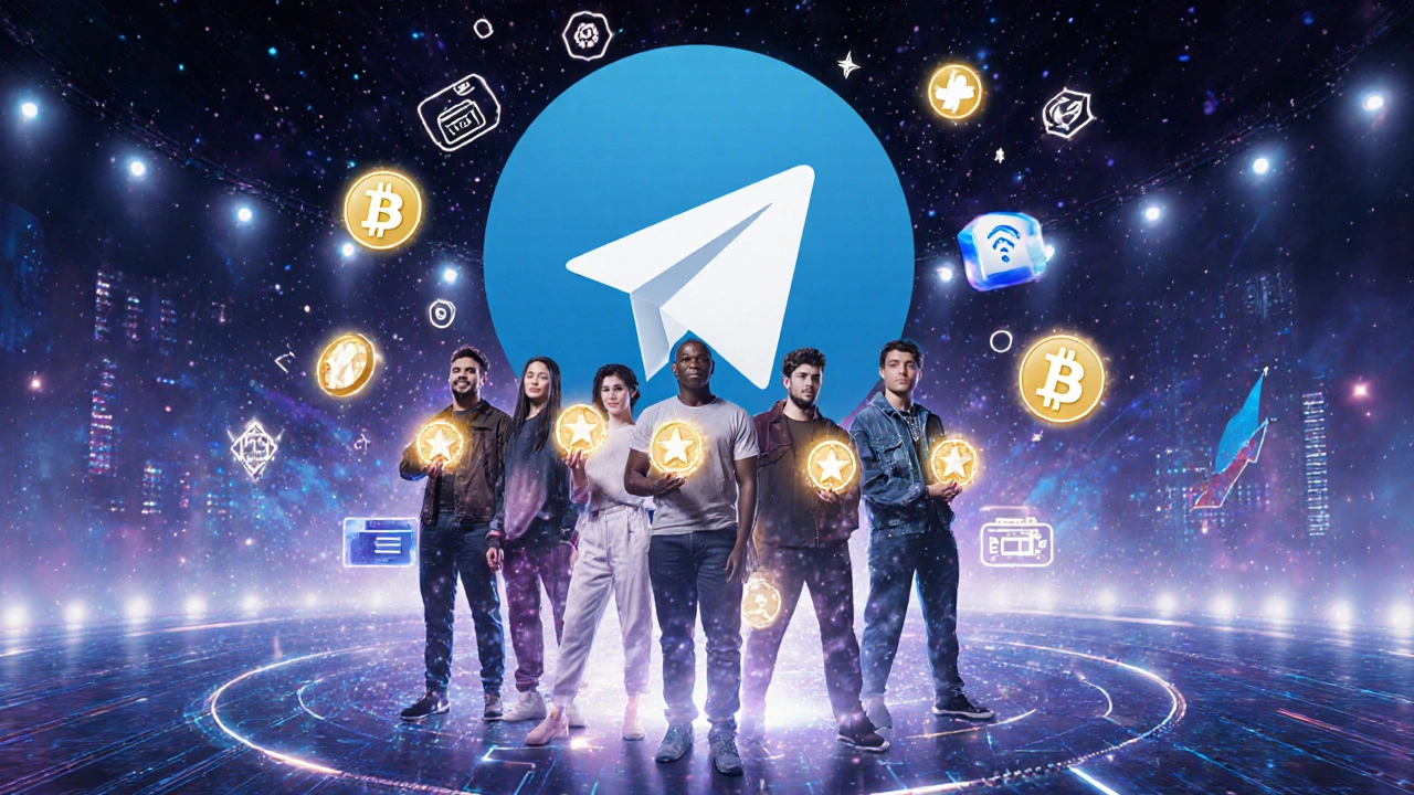 Diverse creators holding digital tokens representing ads, tips, subscriptions, and brand deals, standing before a glowing Telegram logo.