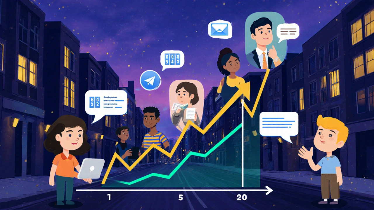 Diverse users engaging with polls and quizzes, connected by a rising engagement graph in an urban setting.