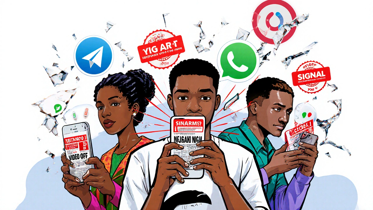 Diverse users in Africa and Asia receiving news alerts on Telegram during election crisis with low-bandwidth settings.