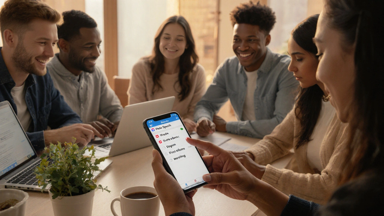 Diverse users reading clear community guidelines on their devices in a warm, inviting home office setting.