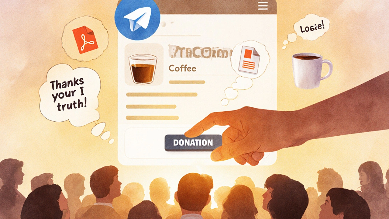 Donation options in Telegram bio with loyal subscribers praising truthful content