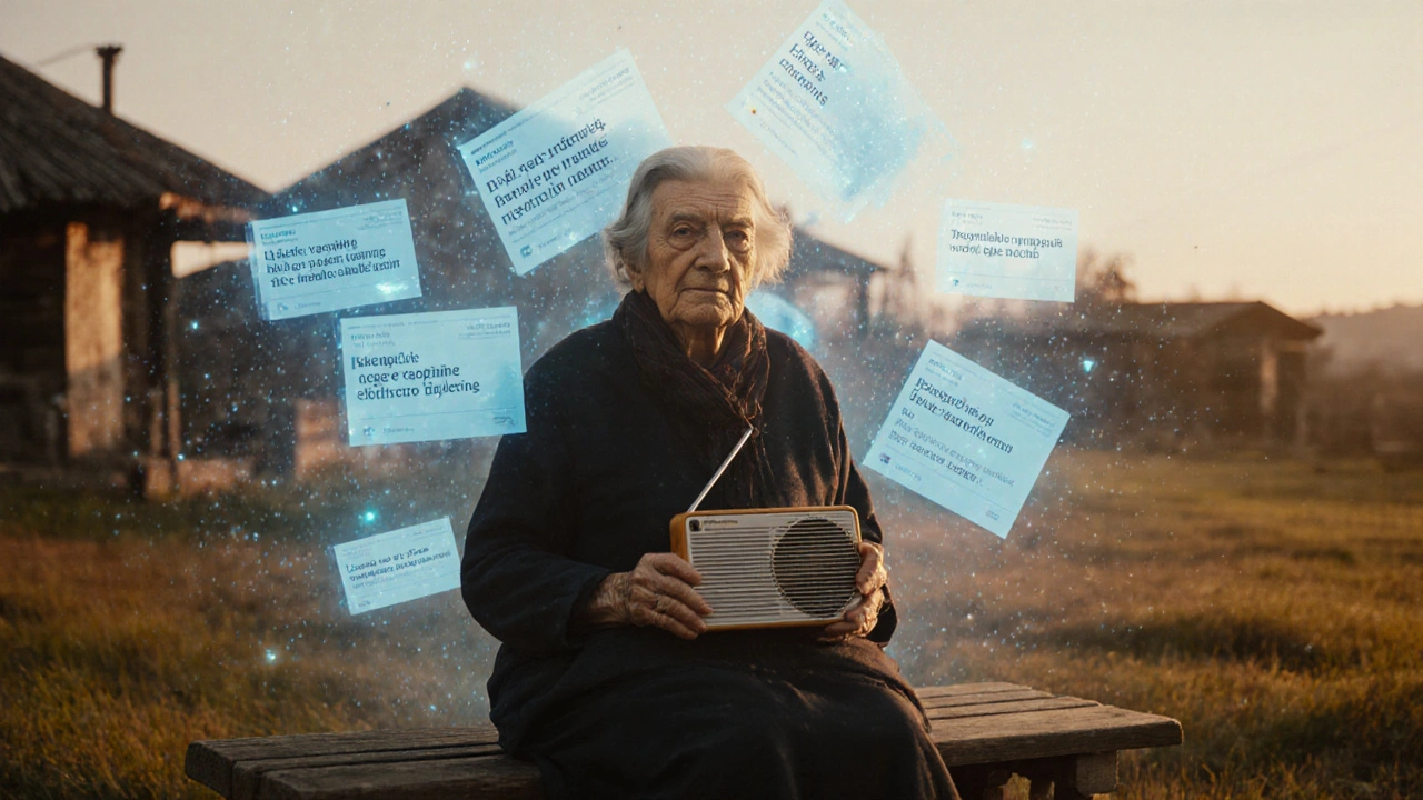 Elderly woman listening to radio while holographic Telegram notifications swirl invisibly around her.