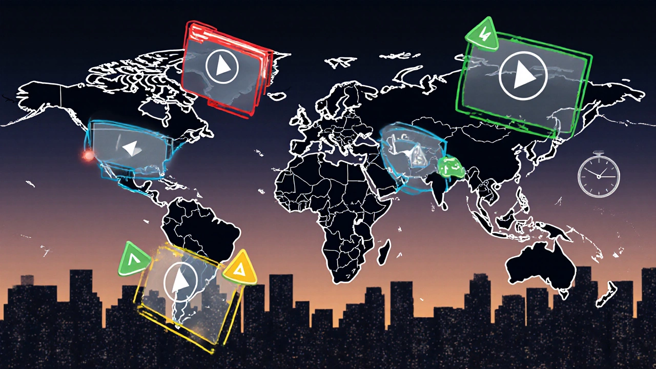 Floating video clips with red, yellow, and green verification markers above a map under twilight sky.
