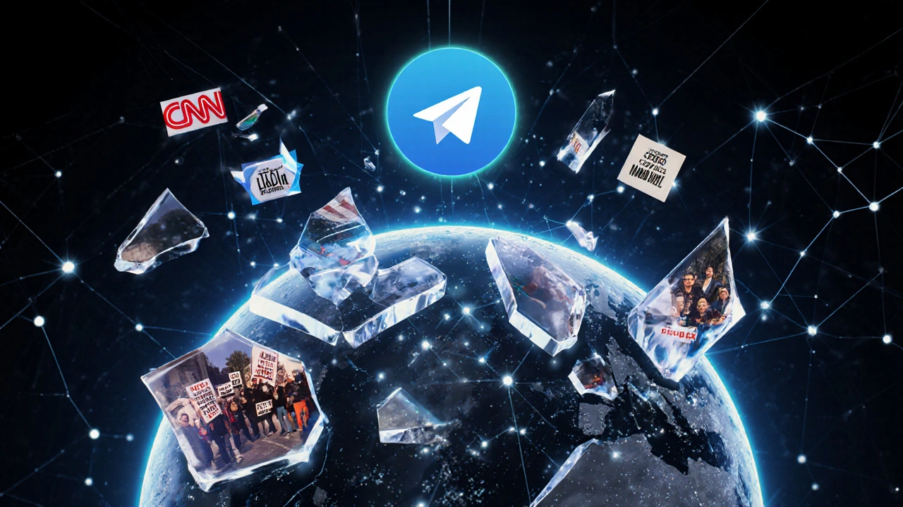 Fractured media globe with Telegram at center, spreading waves of viral misinformation into digital networks.