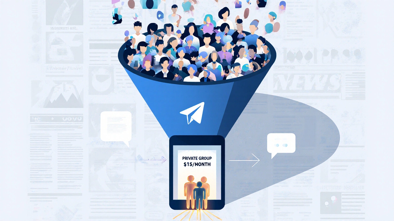 Funnel visualization showing free Telegram subscribers converting into a small group of paying members.