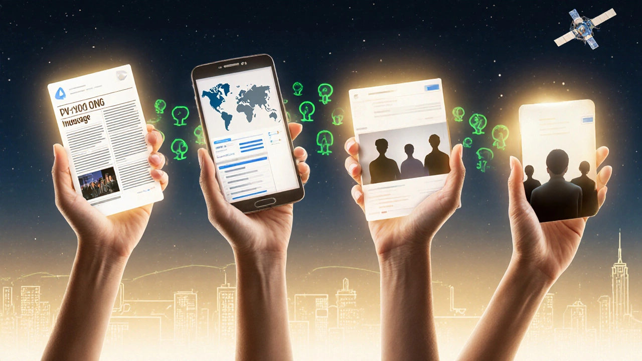 Global chain of hands passing a live news update that becomes a trusted information stream.