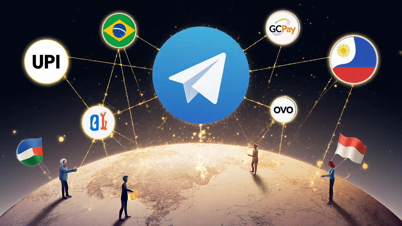 Global digital payment icons connected to a Telegram logo, representing micro-donations in emerging markets.