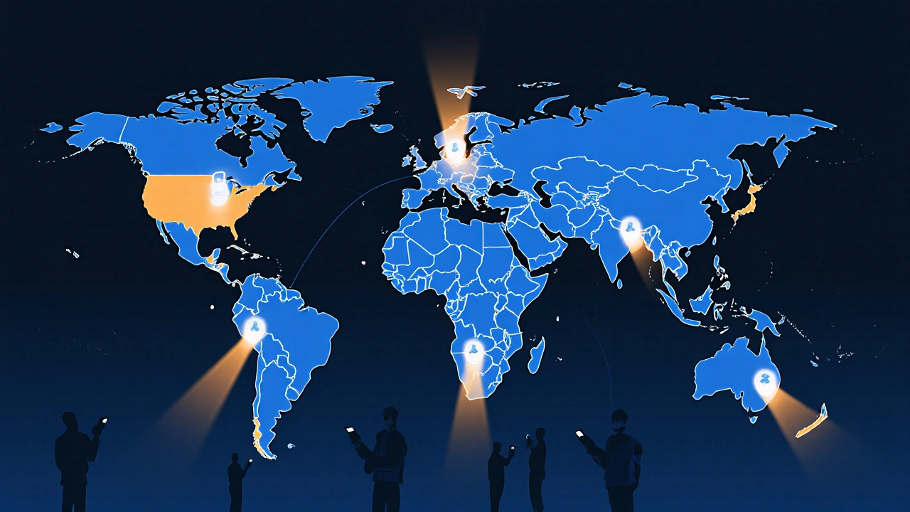 Global network of Telegram channels connecting citizens through glowing phone icons.