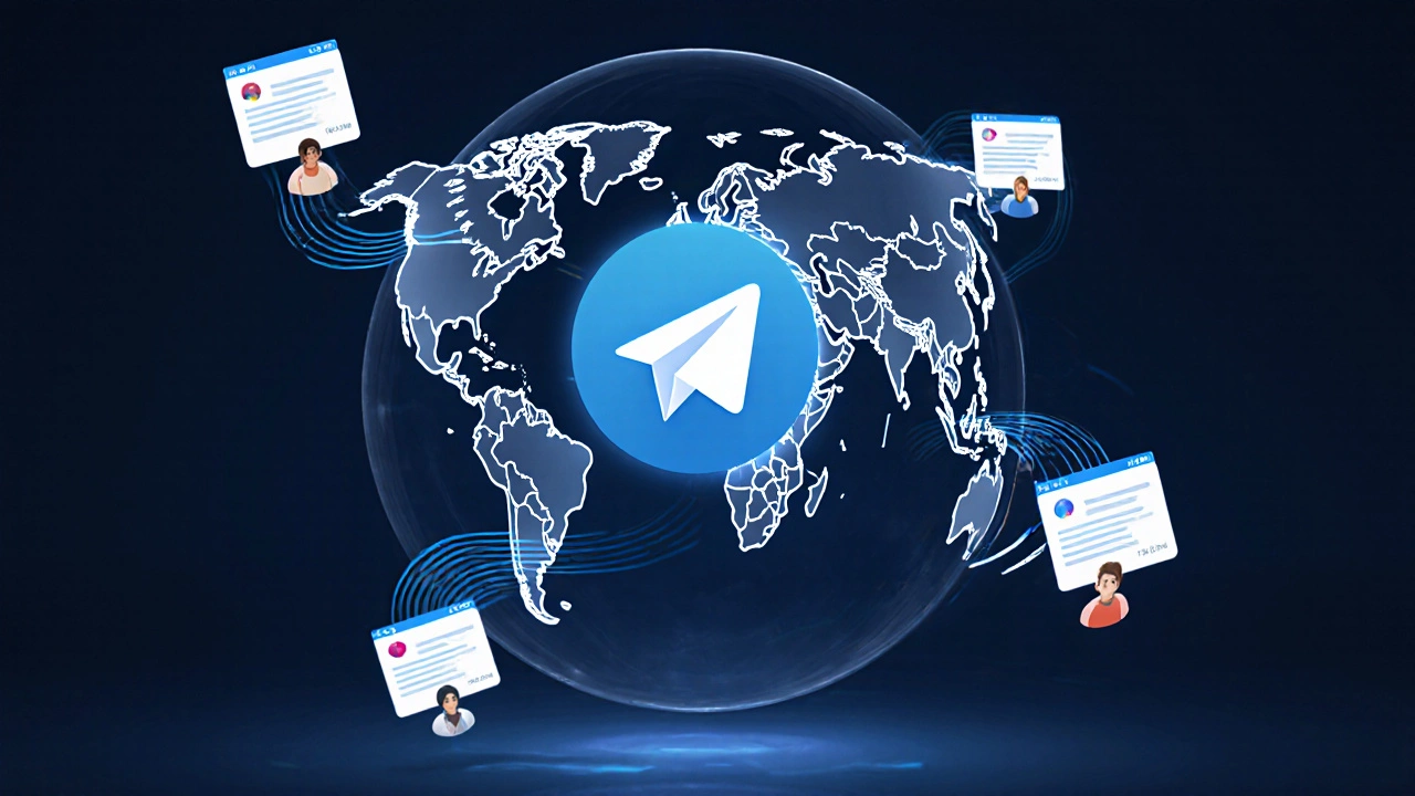 Globe with data streams connecting global users to a central Telegram icon at optimal posting time.
