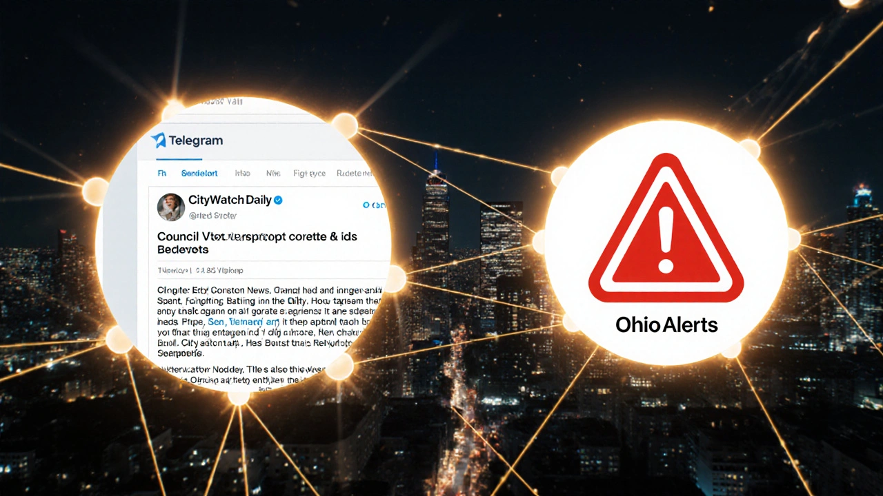 Glowing network nodes representing connected news channels sharing content with golden threads.